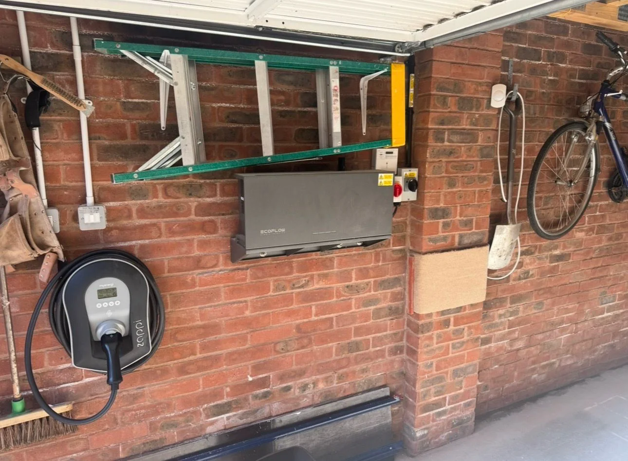 Zappi EV charger and EcoFlow hybrid inverter mounted in the garage