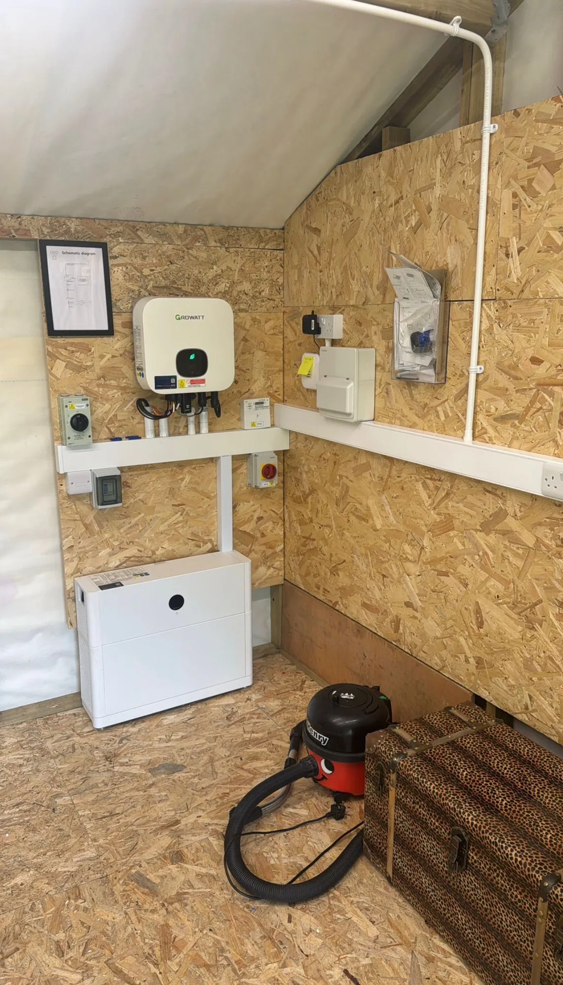 Growatt inverter and battery in a workshop